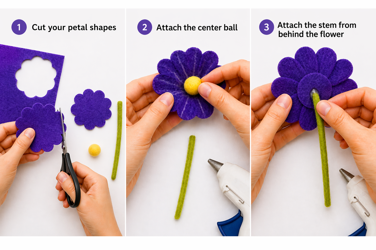 Three-stage collage showing petal cutting, layering, and finishing the center
